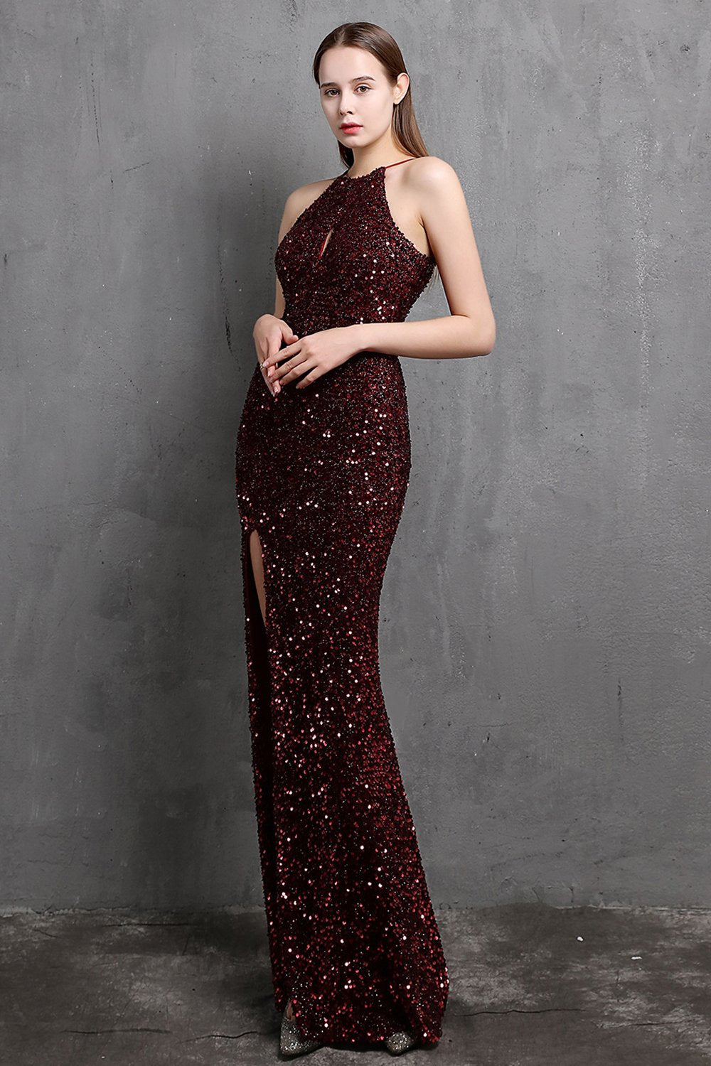 Robe Bordeaux Robe de Soirée longue à sequins