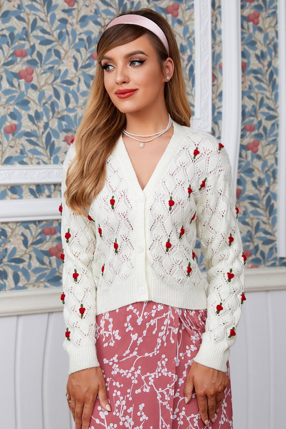 Crochet Flower Hollow V-Neck Cardigan