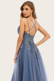 Robe dusty blue long prom avec dentelle