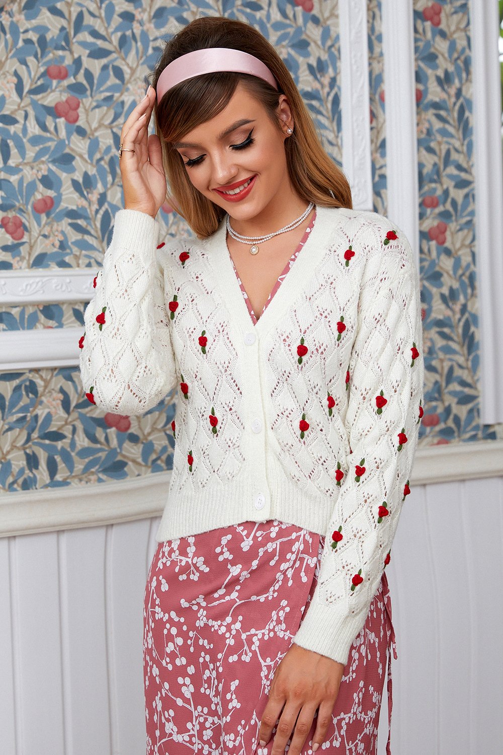 Crochet Flower Hollow V-Neck Cardigan