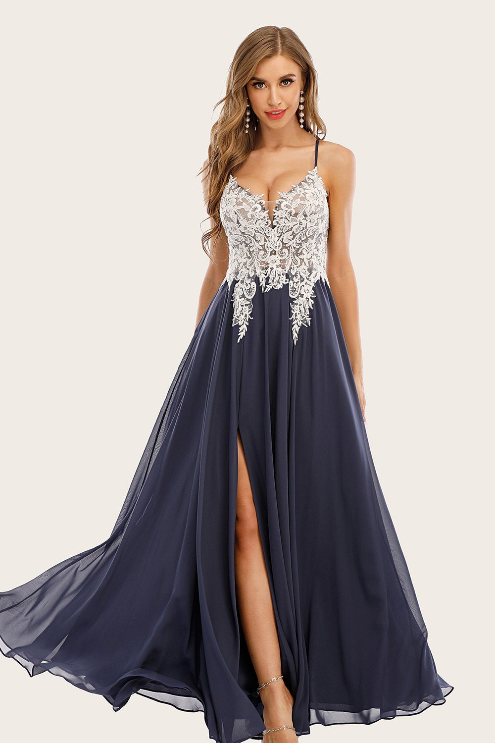 Robe dusty blue long mousseline de soie prom avec dentelle