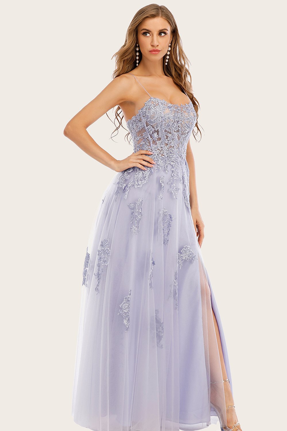 Robe long prom de Tulle de lavande avec la dentelle