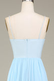 Bleu ciel A-ligne Spaghetti Bretelles Mousseline de soie Longue robe de demoiselle d’honneur avec perles
