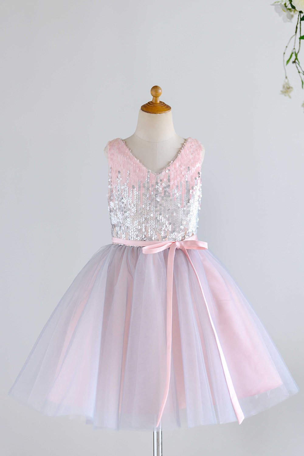 V Neck Pink Flower Girl Robe avec paillettes