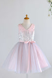 V Neck Pink Flower Girl Robe avec paillettes