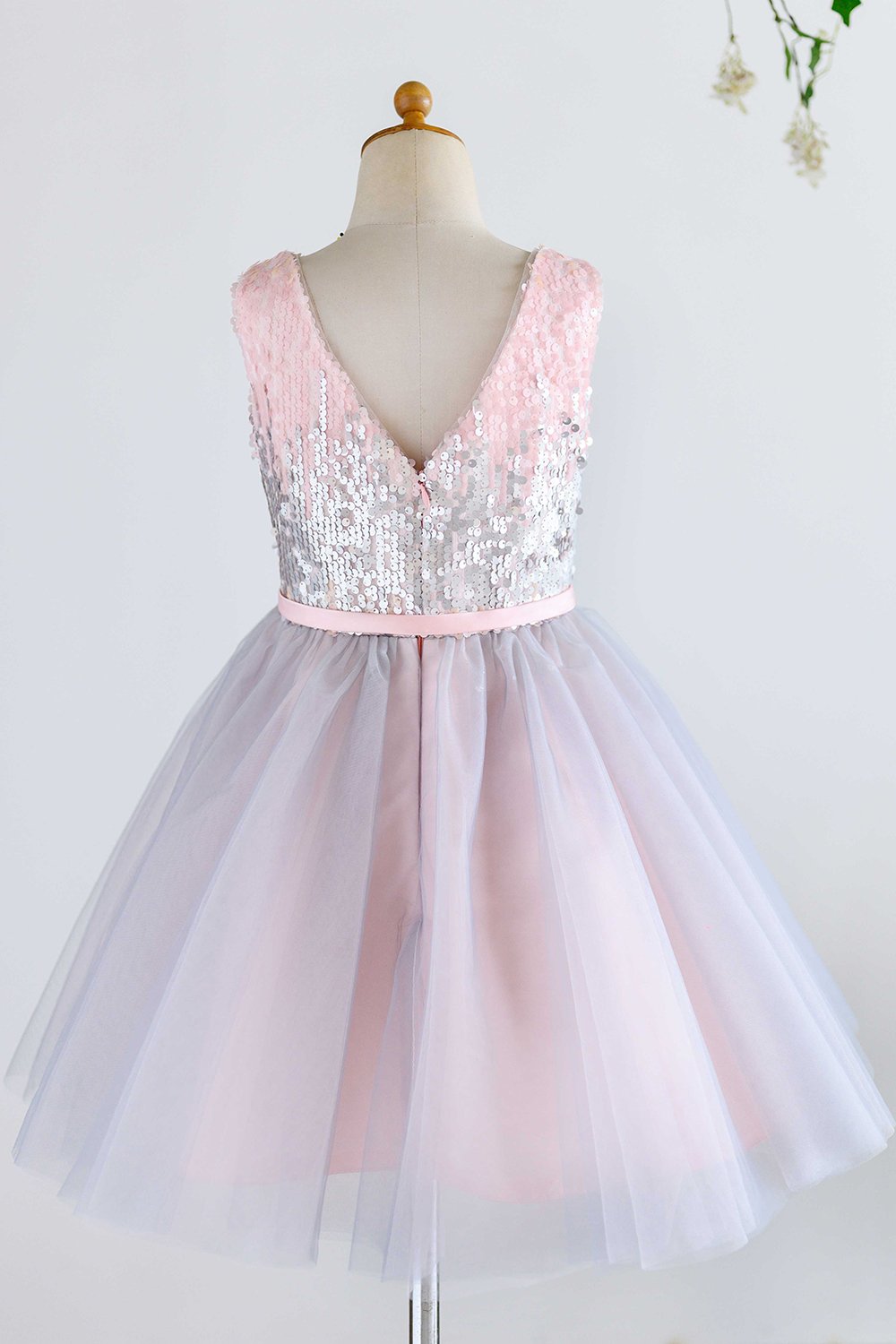 V Neck Pink Flower Girl Robe avec paillettes
