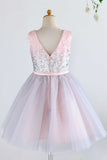V Neck Pink Flower Girl Robe avec paillettes