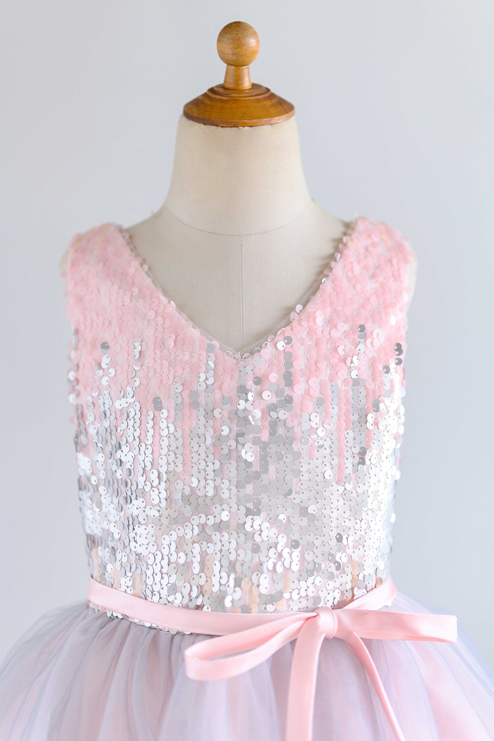 V Neck Pink Flower Girl Robe avec paillettes