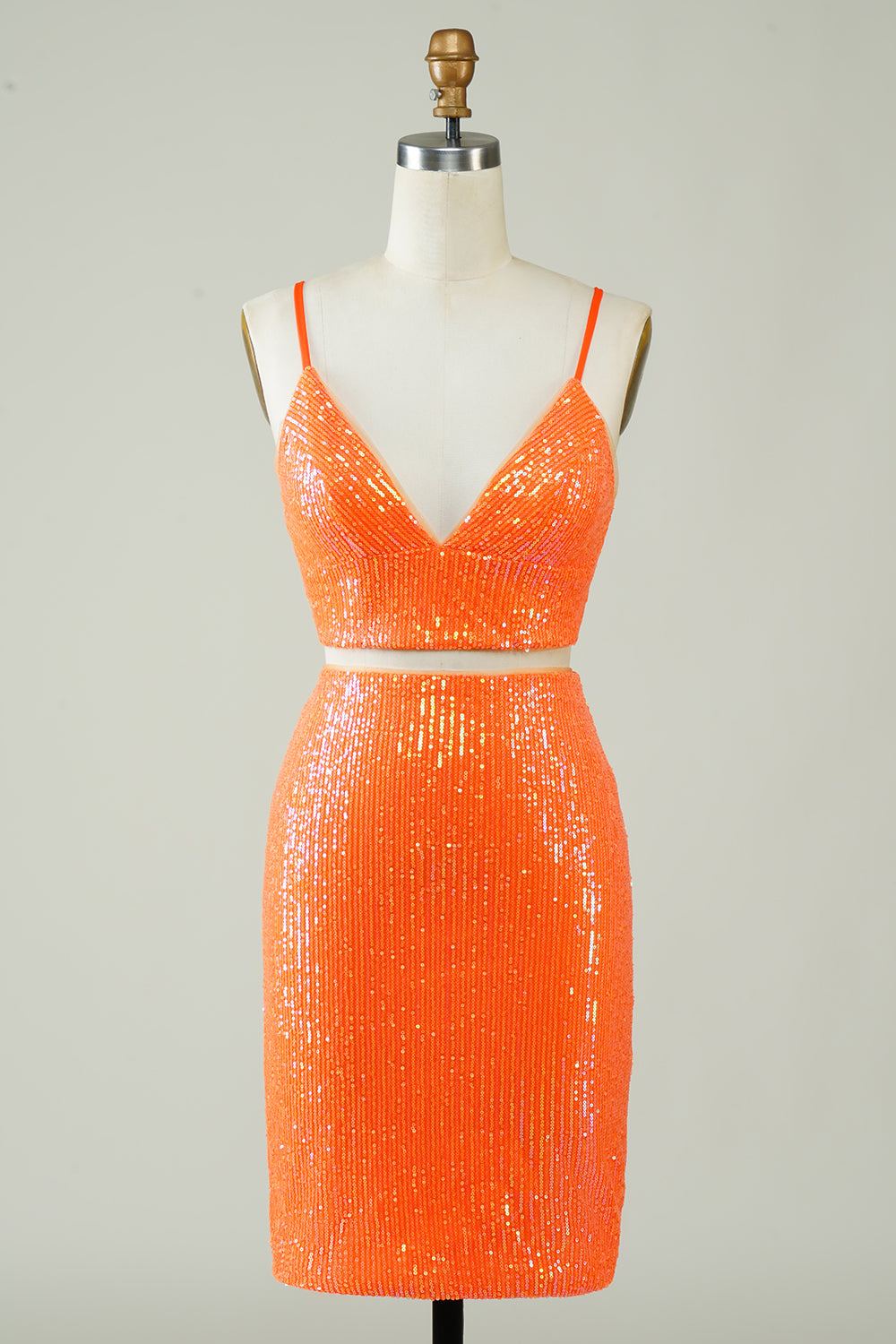 Deux pièces Orange Sequins Robe de cocktail moulante