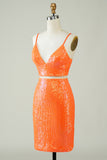 Deux pièces Orange Sequins Robe de cocktail moulante