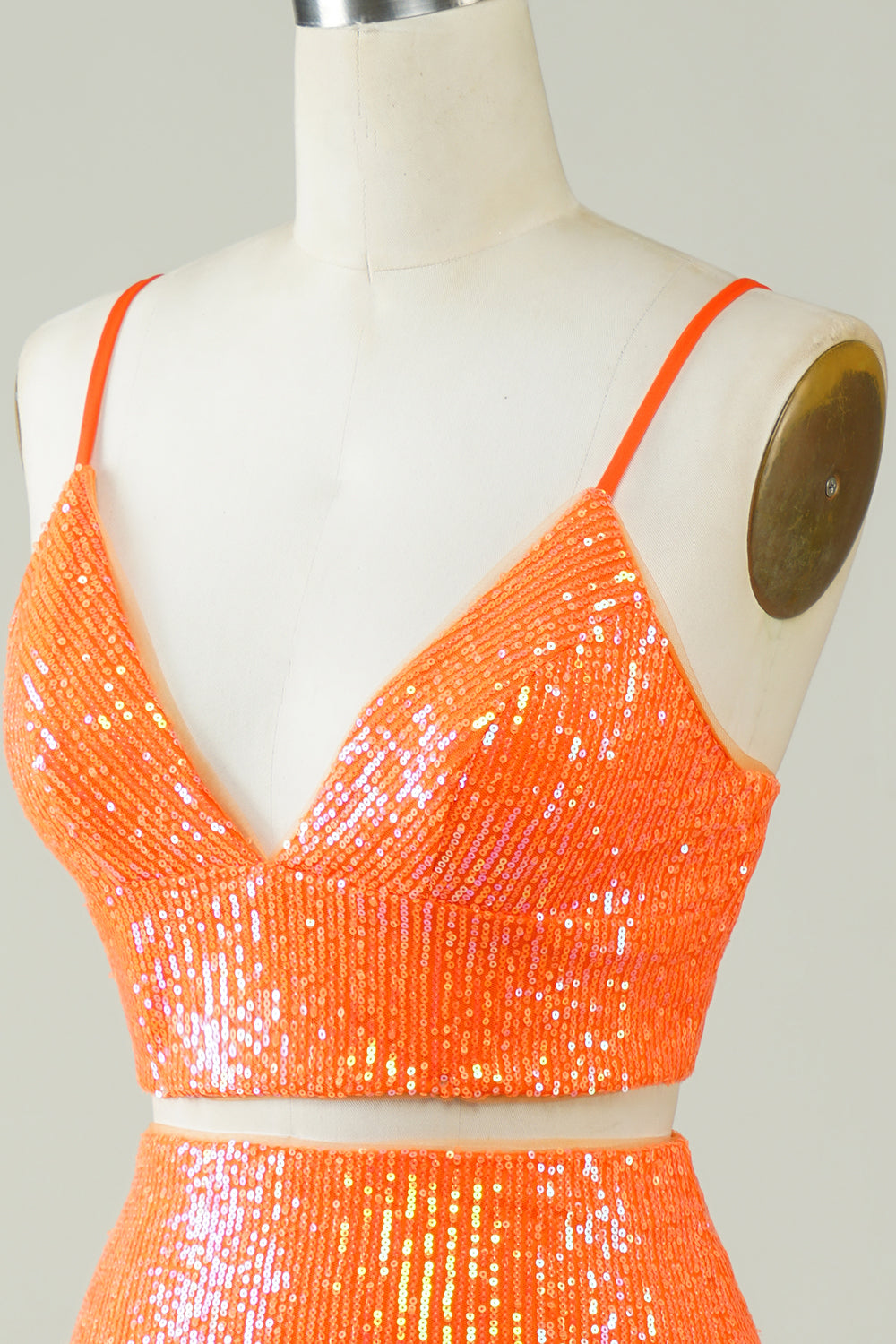 Deux pièces Orange Sequins Robe de cocktail moulante