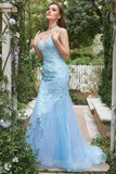 Mermaid Deep V Neck Blue Long Prom Robe avec Criss Cross Back