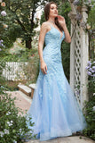 Mermaid Deep V Neck Blue Long Prom Robe avec Criss Cross Back