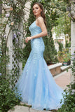 Mermaid Deep V Neck Blue Long Prom Robe avec Criss Cross Back