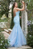 Mermaid Deep V Neck Blue Long Prom Robe avec Criss Cross Back