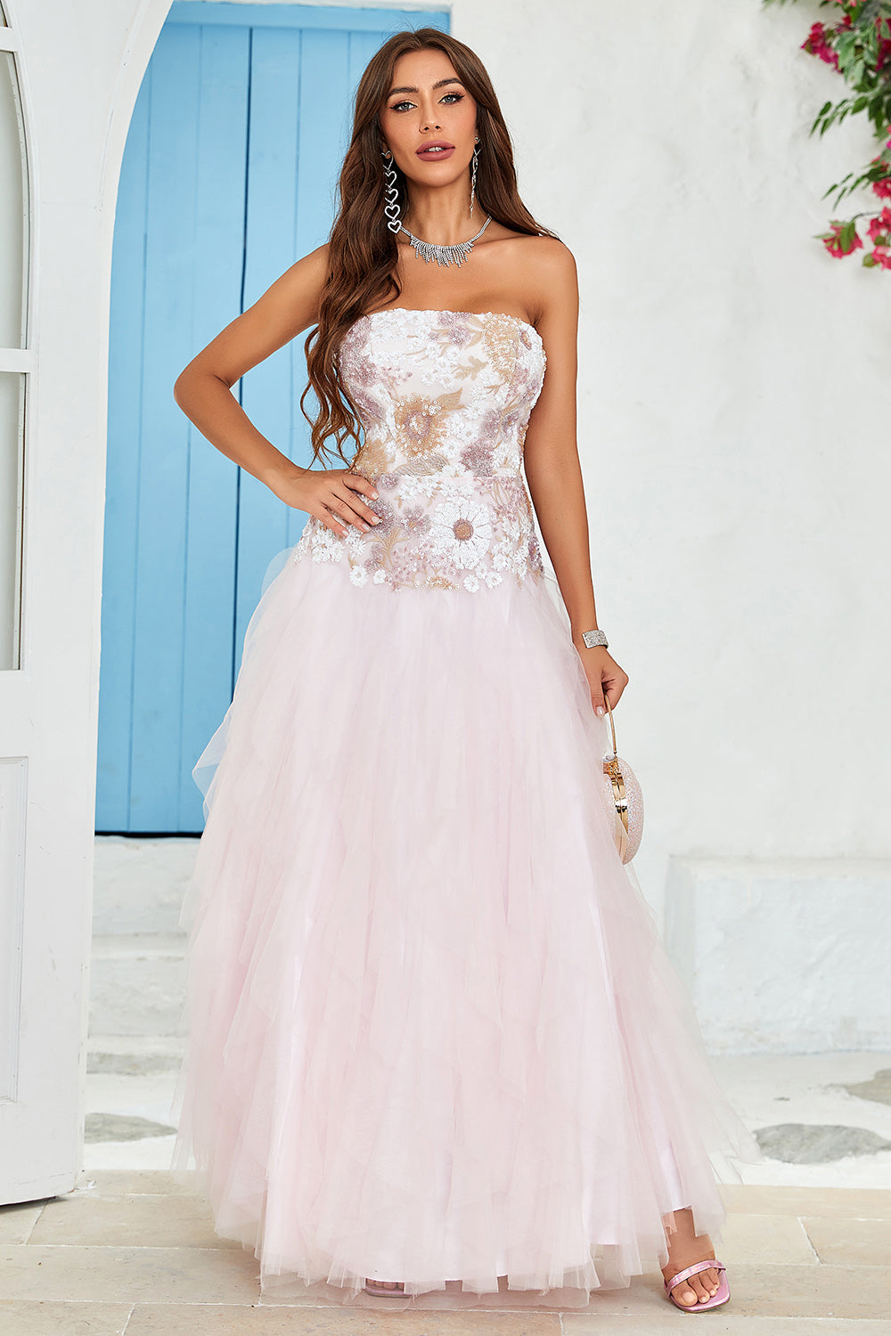 Robe bustier Une ligne de Soirée de promo en tulle rose avec Appliques