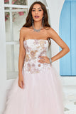 Robe bustier Une ligne de Soirée de promo en tulle rose avec Appliques
