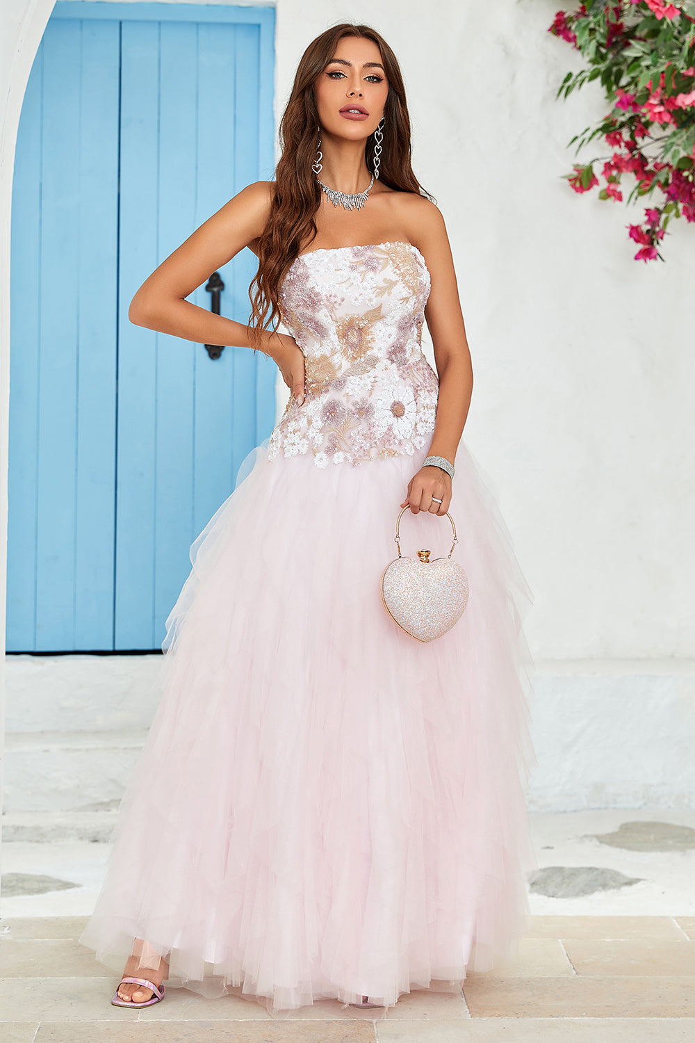 Robe bustier Une ligne de Soirée de promo en tulle rose avec Appliques