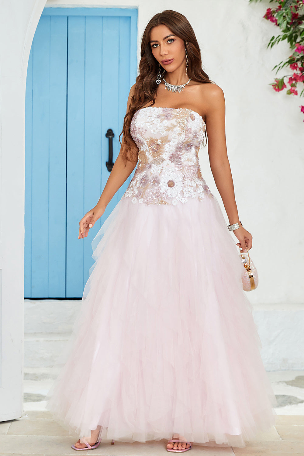 Robe bustier Une ligne de Soirée de promo en tulle rose avec Appliques