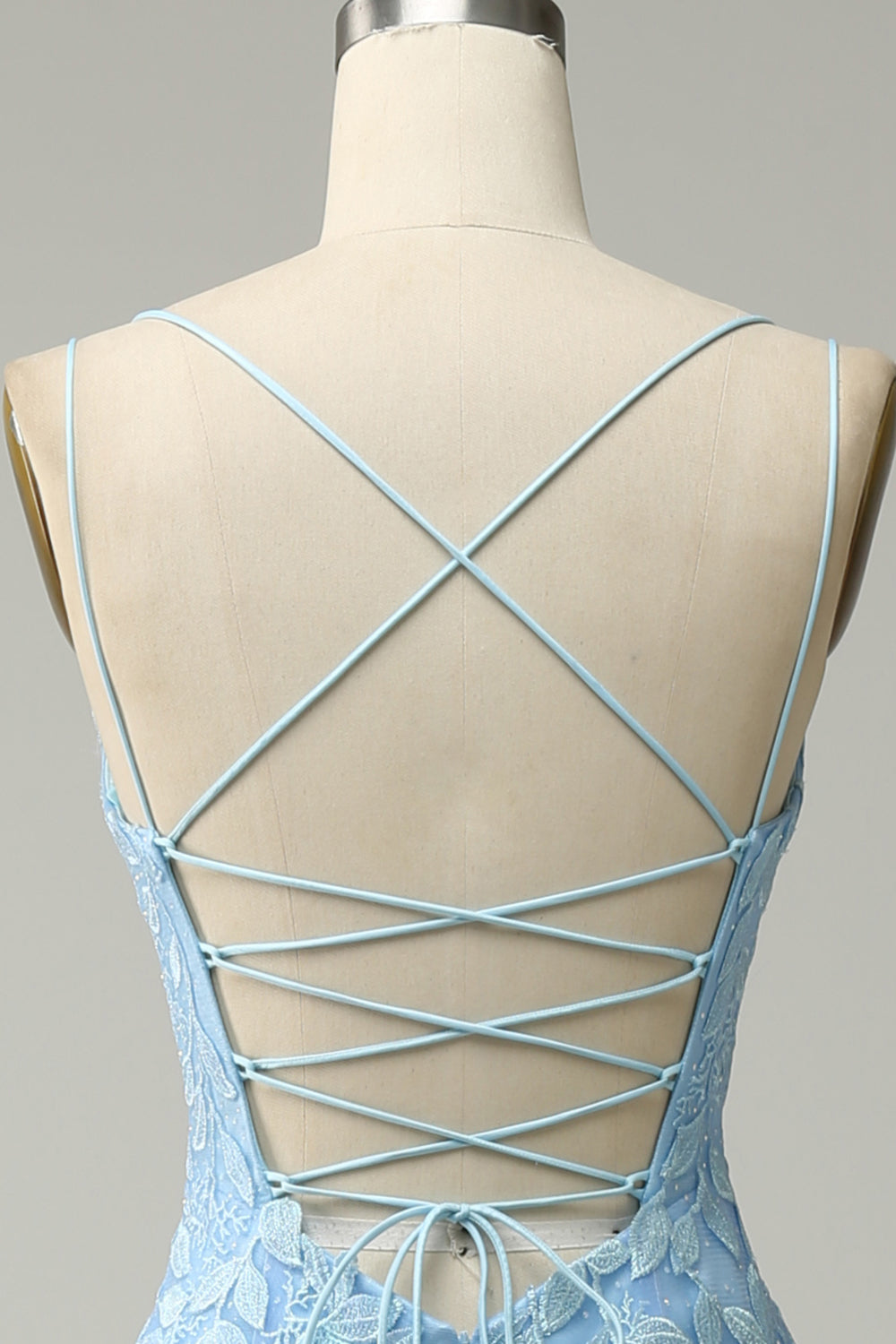 Bretelles Spaghetti Sirène Robe de soirée longue bleue avec Appliques