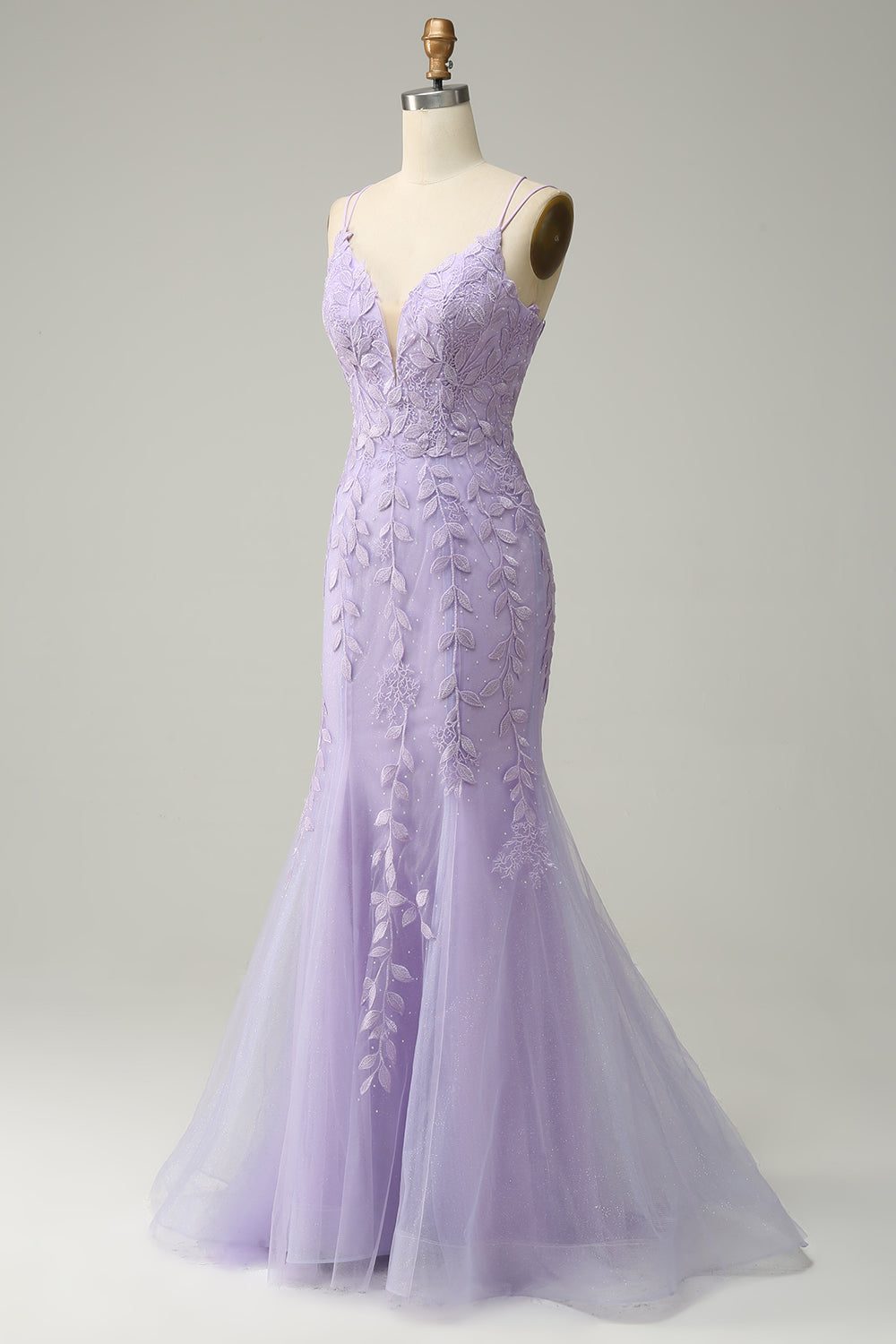 Bretelles Spaghetti Sirène Robe de soirée longue bleue avec Appliques