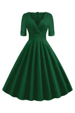 Vert V-Neck Manches Courtes Années 50 Swing Robe