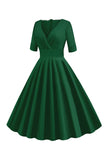 Vert V-Neck Manches Courtes Années 50 Swing Robe