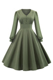 Vert V-Neck Manches Longues Vintage Swing Robe