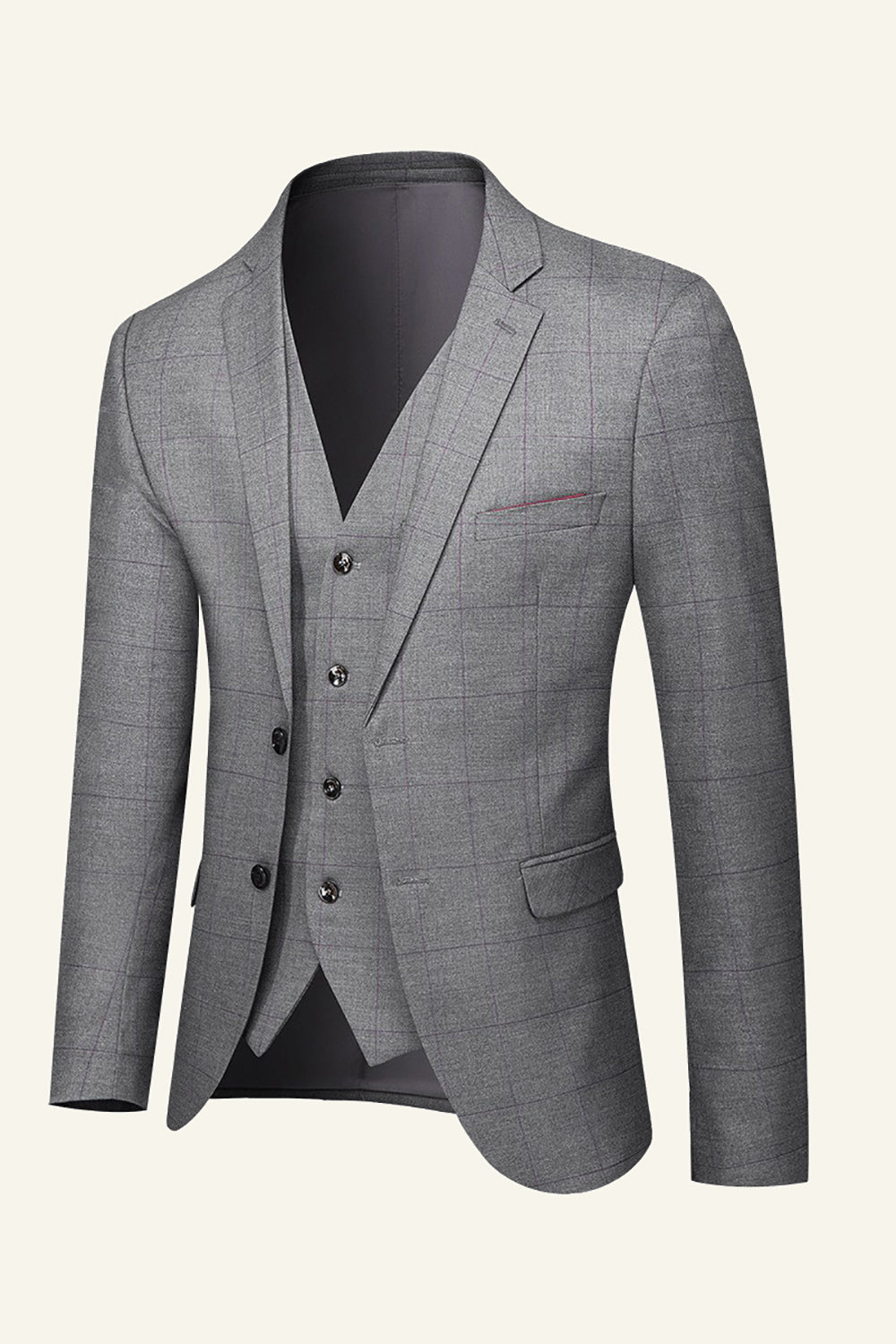 Costume de mariage pour hommes à carreaux gris 3 pièces à revers cranté