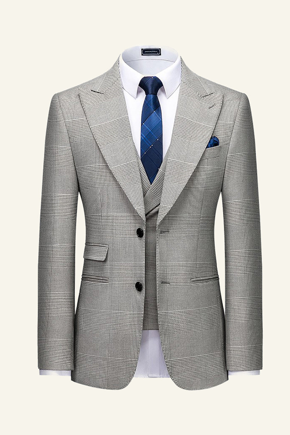 Gris Plaid Peak Lapel 3 pièces Hommes Costumes de mariage