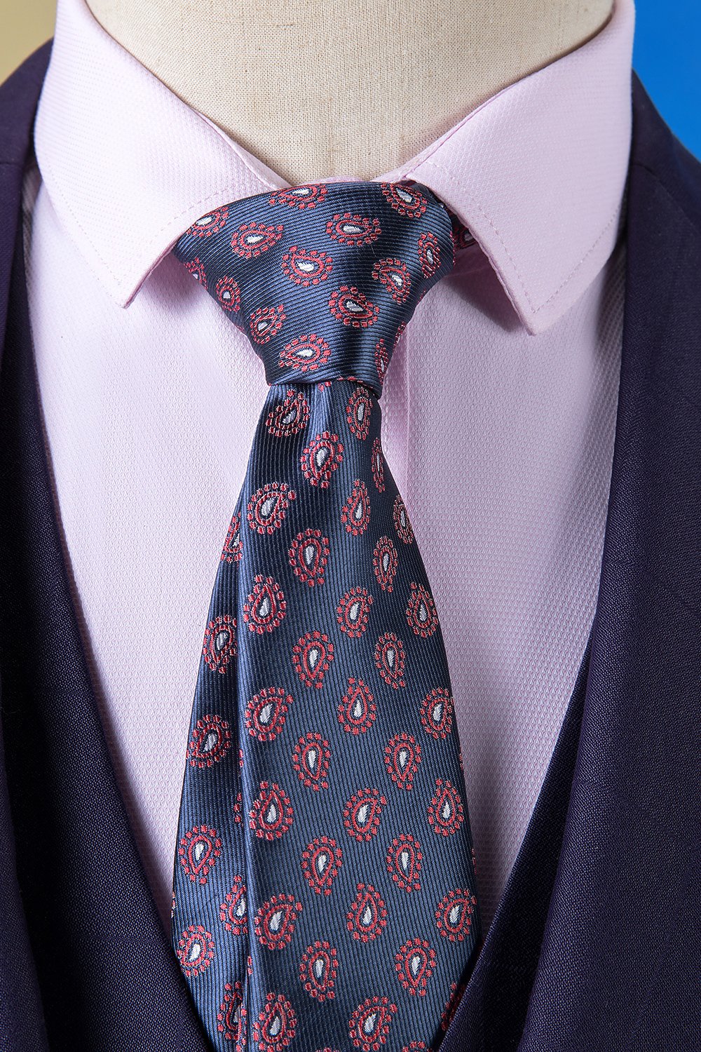 Bleu foncé Grille de revers crantée 3 pièces Costume pour homme