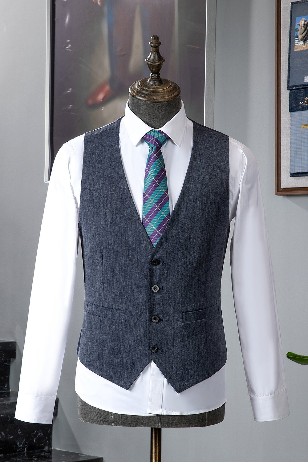 Grey Blue Notched Lapel Classic 3 pièces costume pour homme