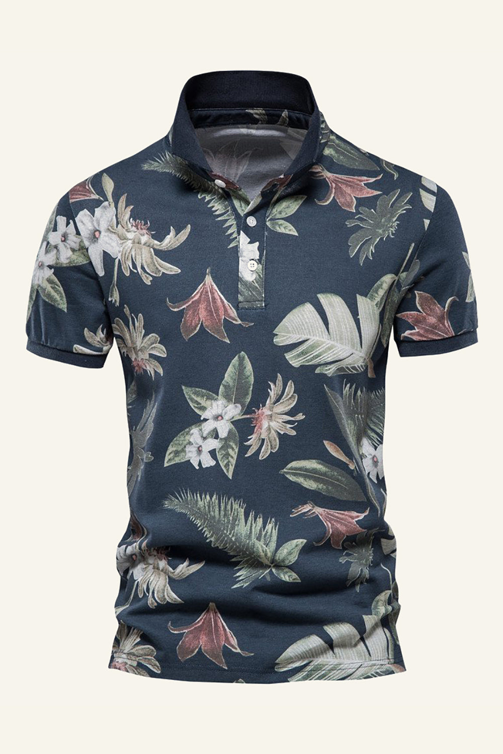 Navy Regular Fit Feuilles à col et polo imprimé fleur pour homme