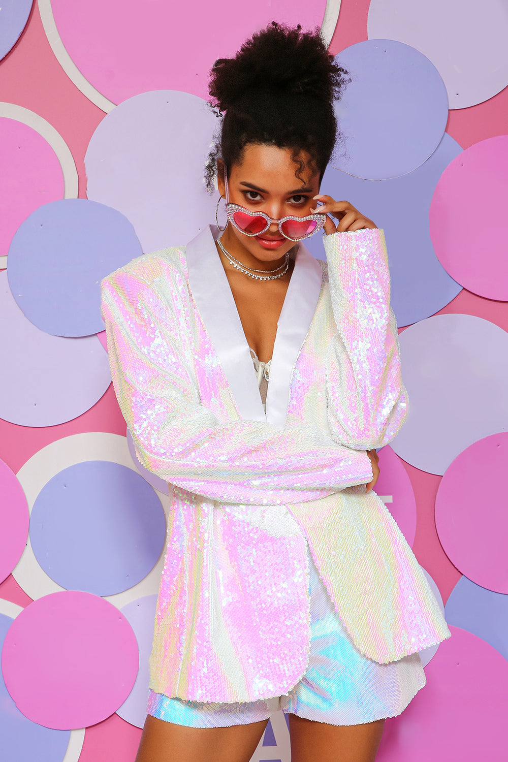 Paillettes blanches Blazer pour femmes à un bouton