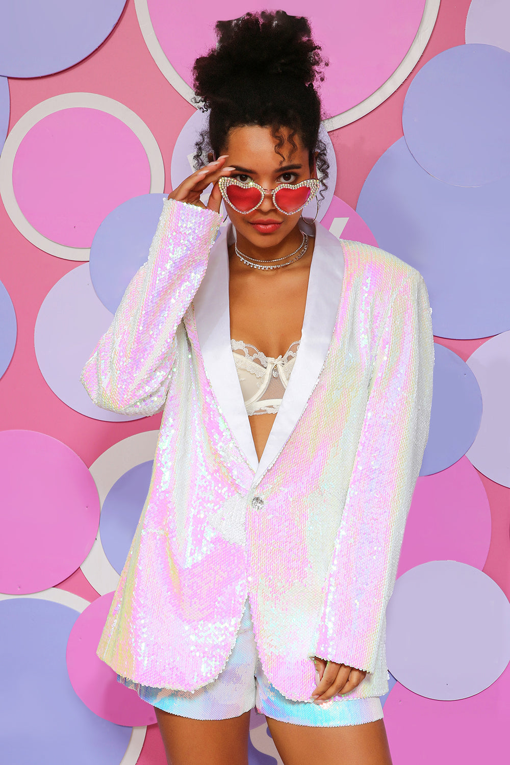 Paillettes blanches Blazer pour femmes à un bouton