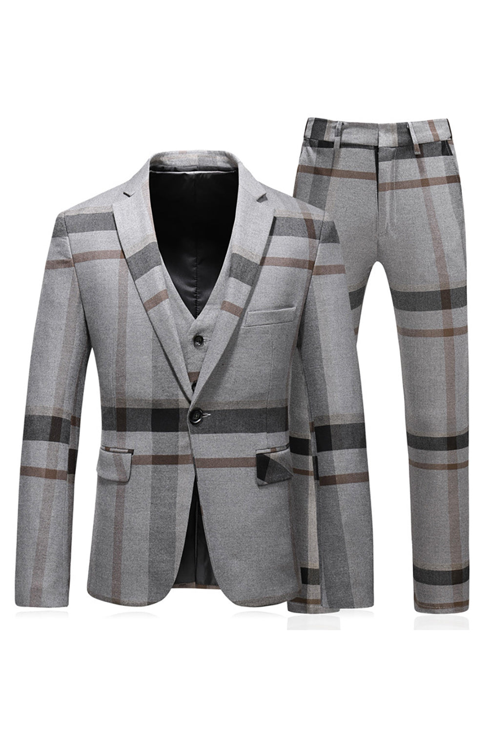 Grey Stripe Notched Lapel Homme 3 Pièces Costumes