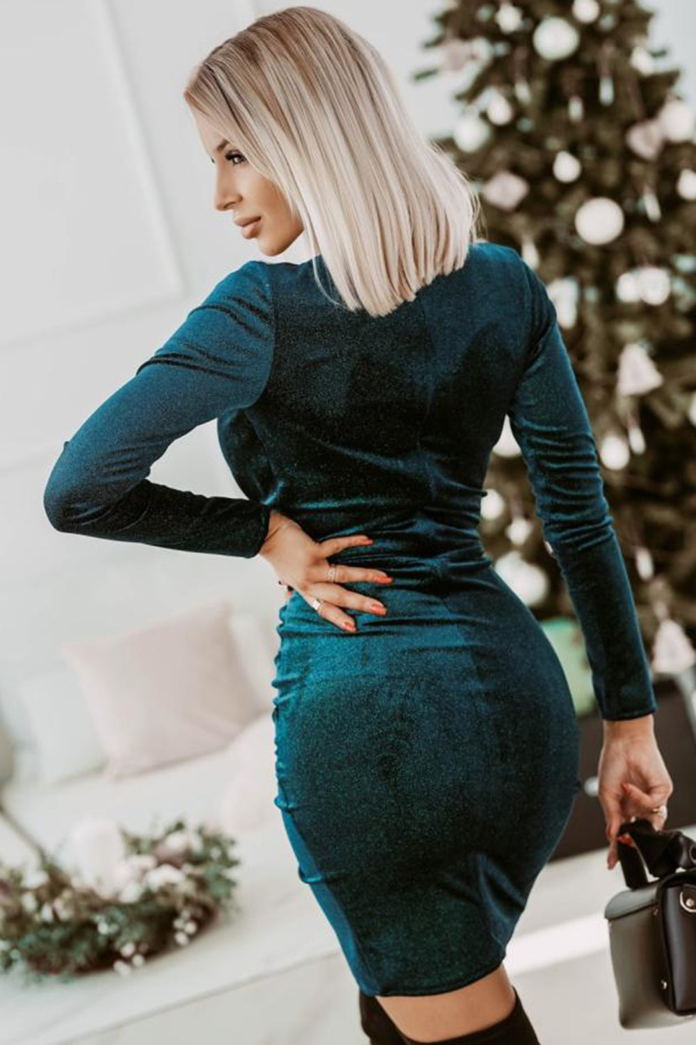 Robe de Noël en velours manches longues col V