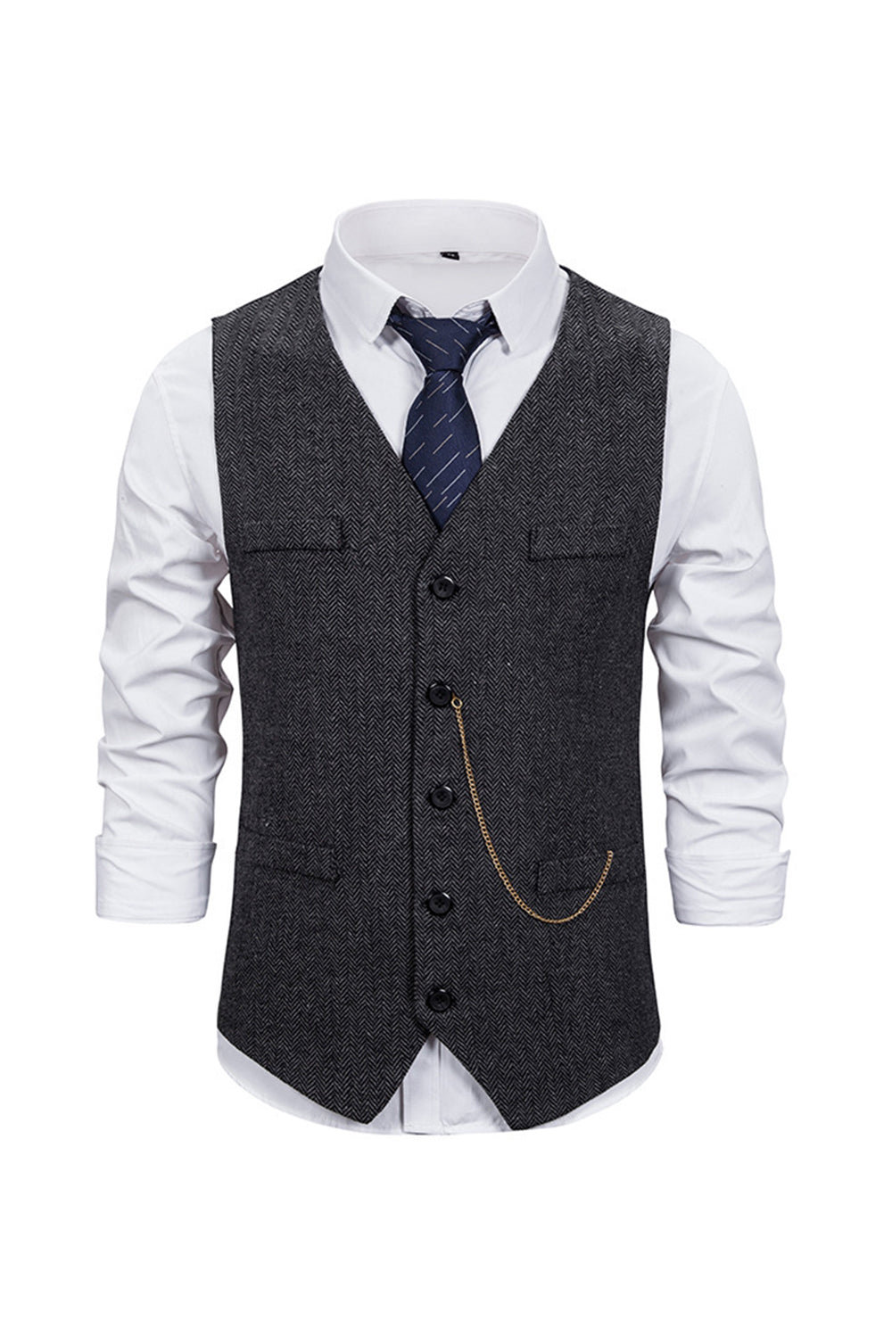 V Neck Single Breasted Homme Gris Casual Vest