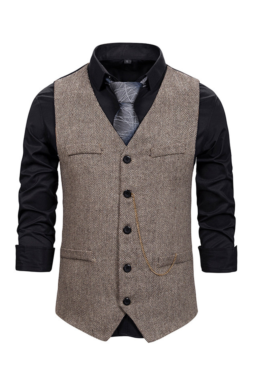 V Neck Single Breasted Homme Gris Casual Vest