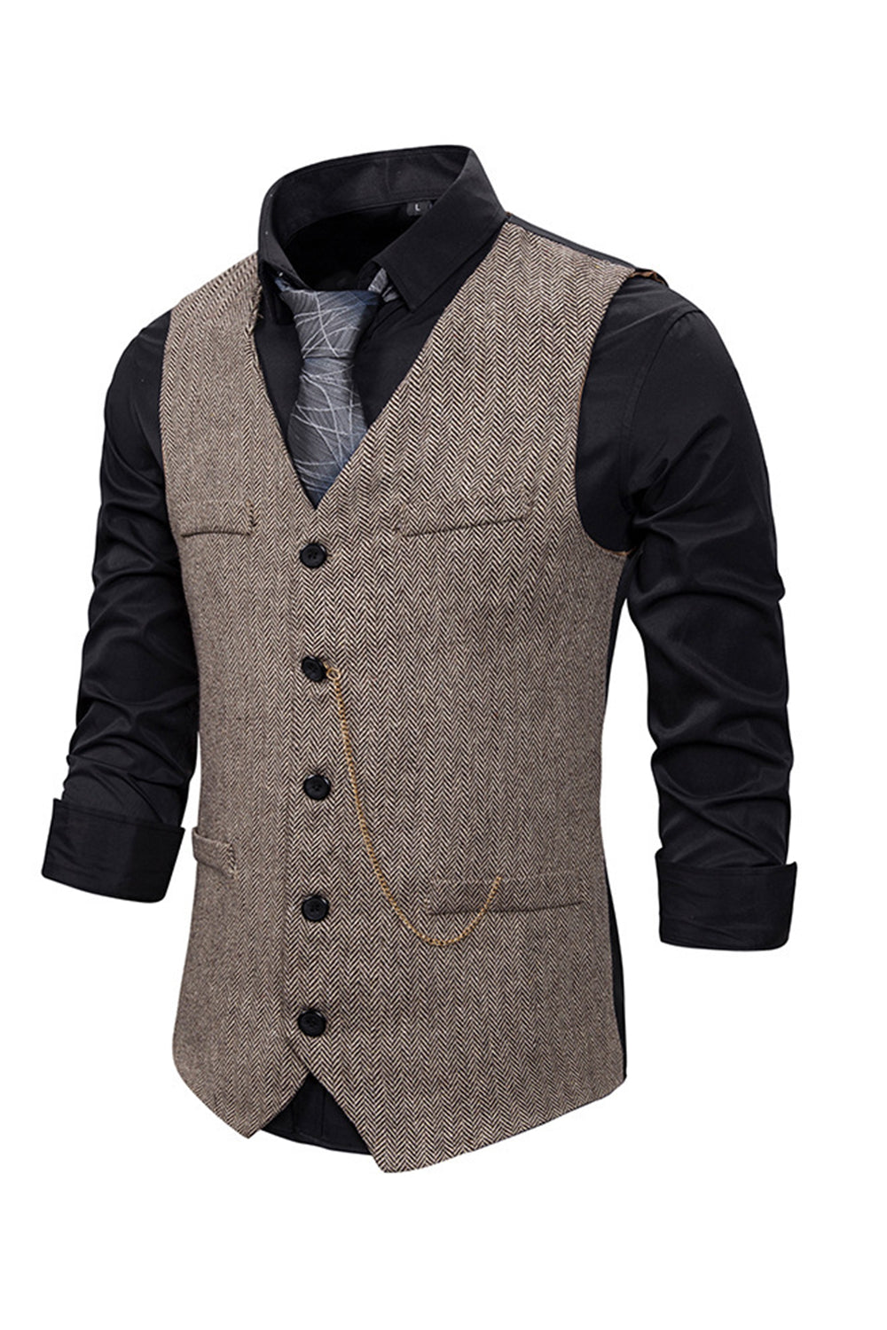 V Neck Single Breasted Homme Gris Casual Vest