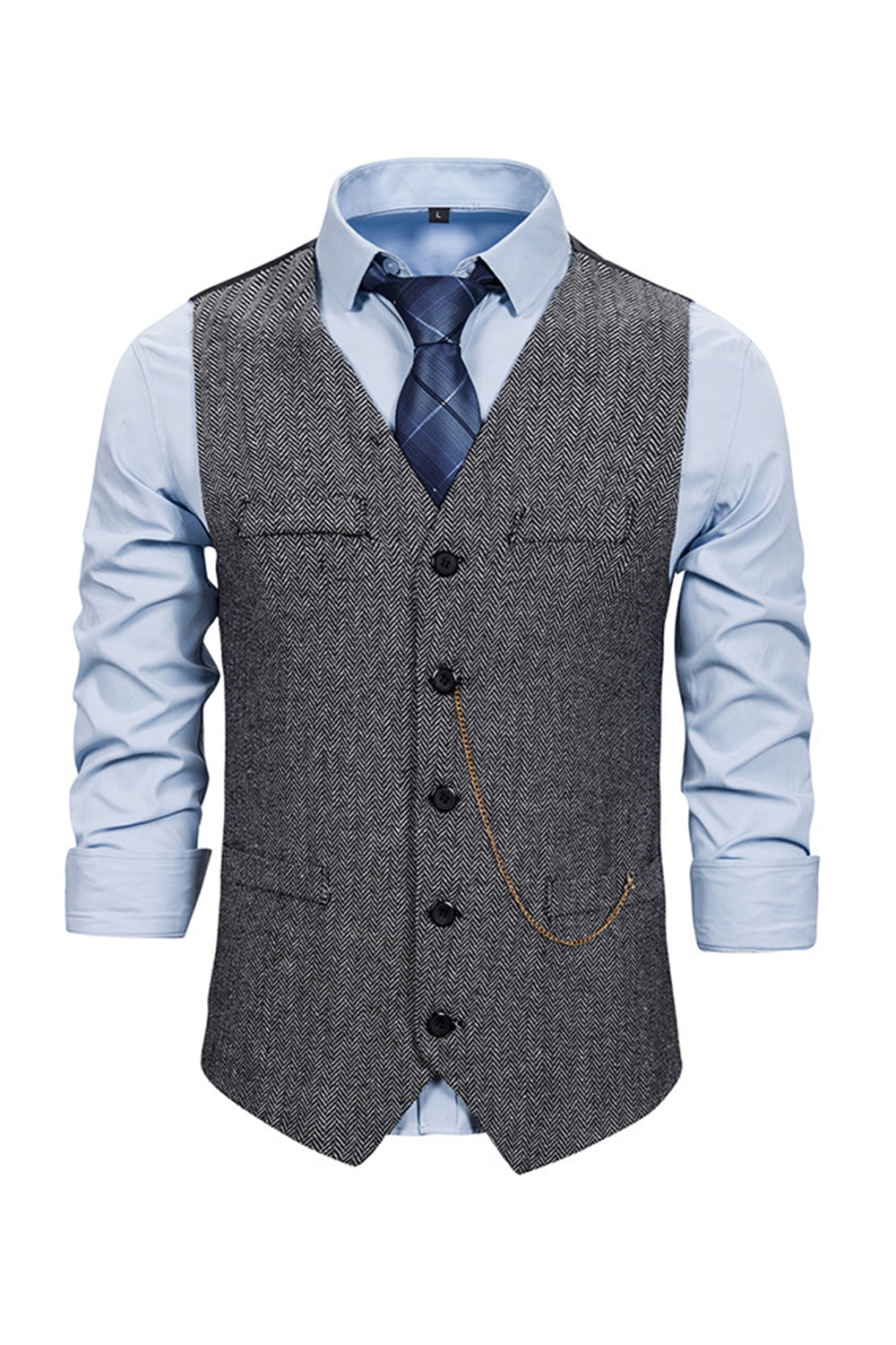 V Neck Single Breasted Homme Gris Casual Vest
