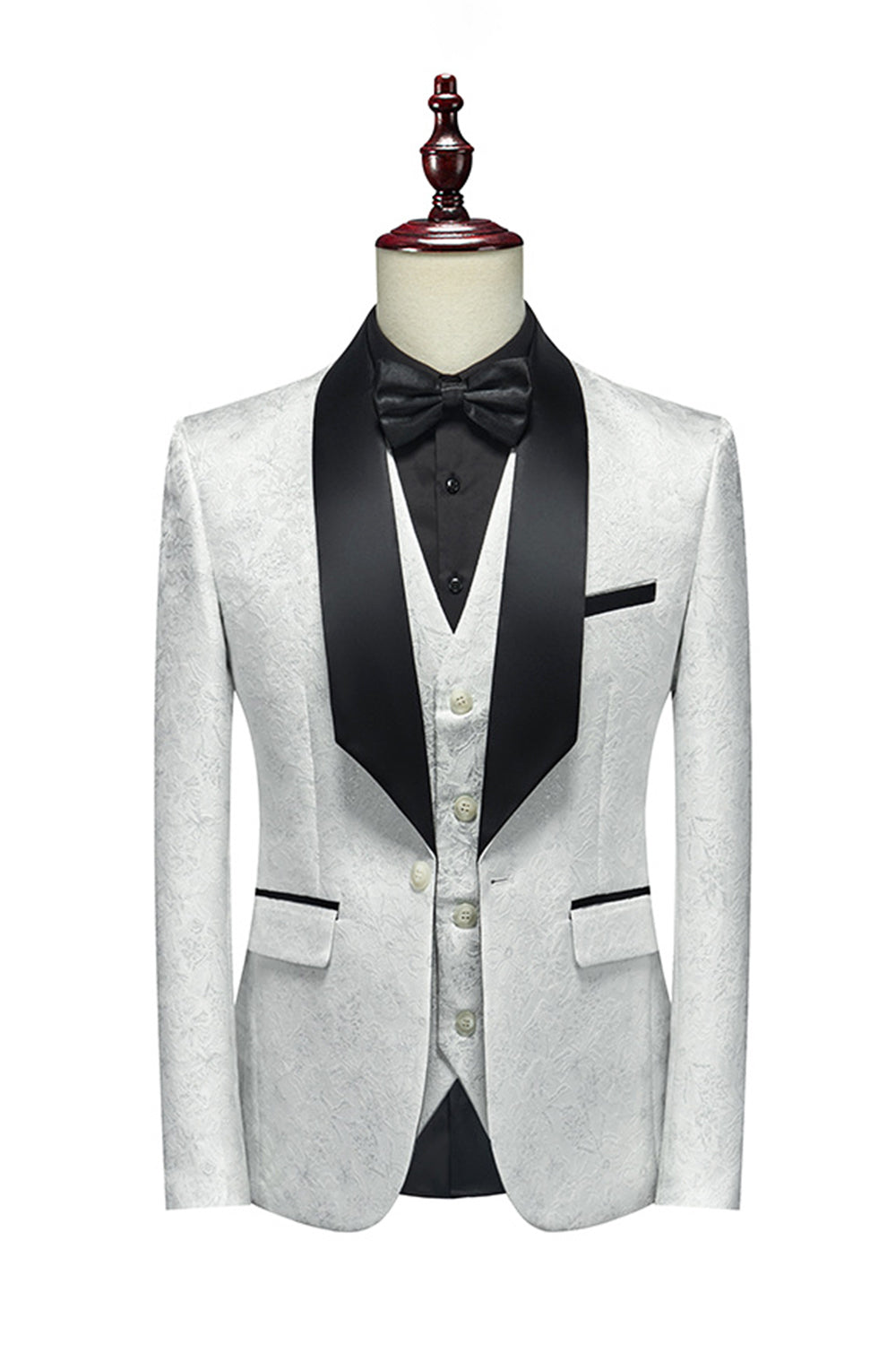 Blanc Jacquard Châle Lapel 3 Pièces Costumes Homme