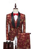 Red Jacquard Shawl Lapel 3 Pièces Costumes Homme