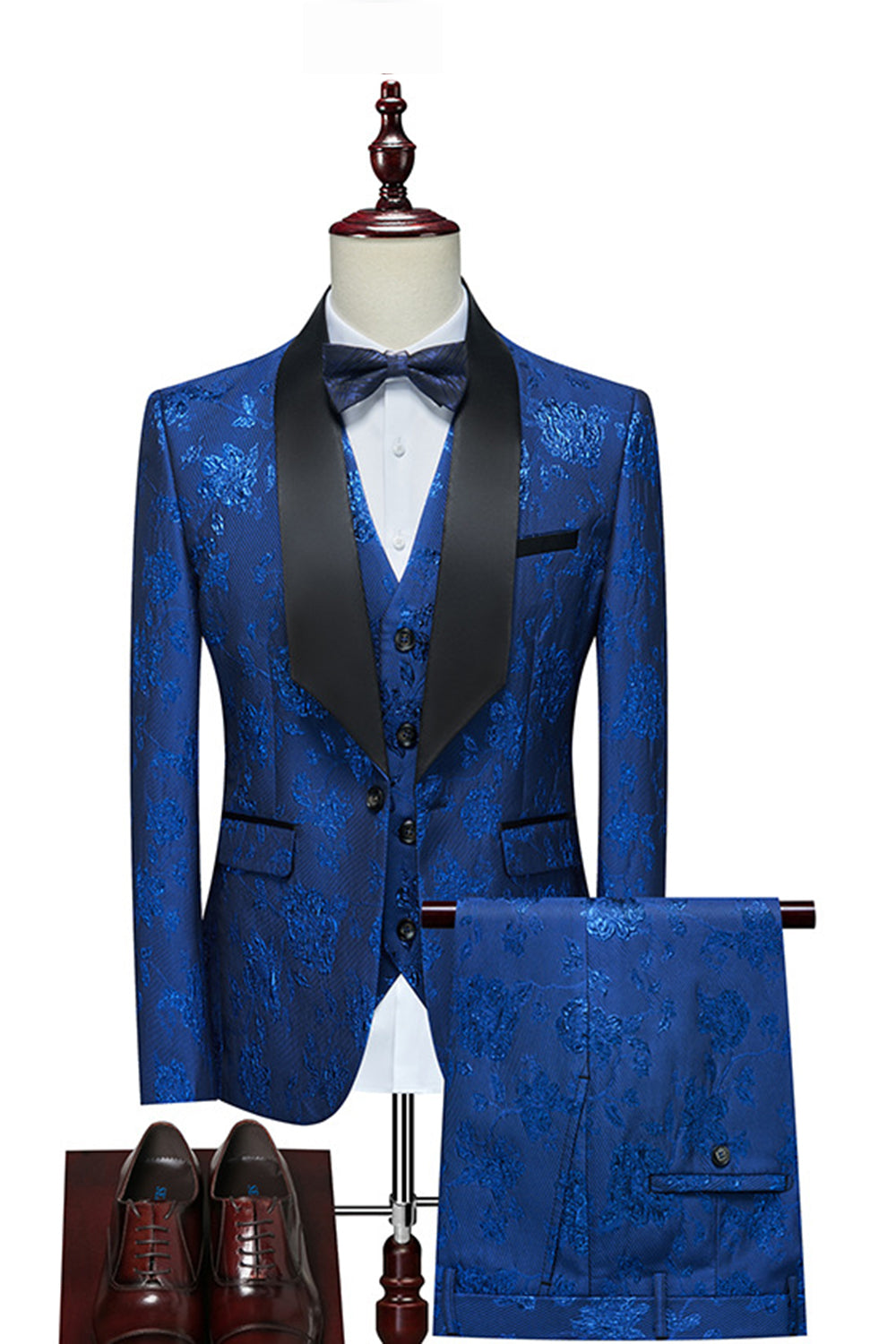 Red Jacquard Shawl Lapel 3 Pièces Costumes Homme