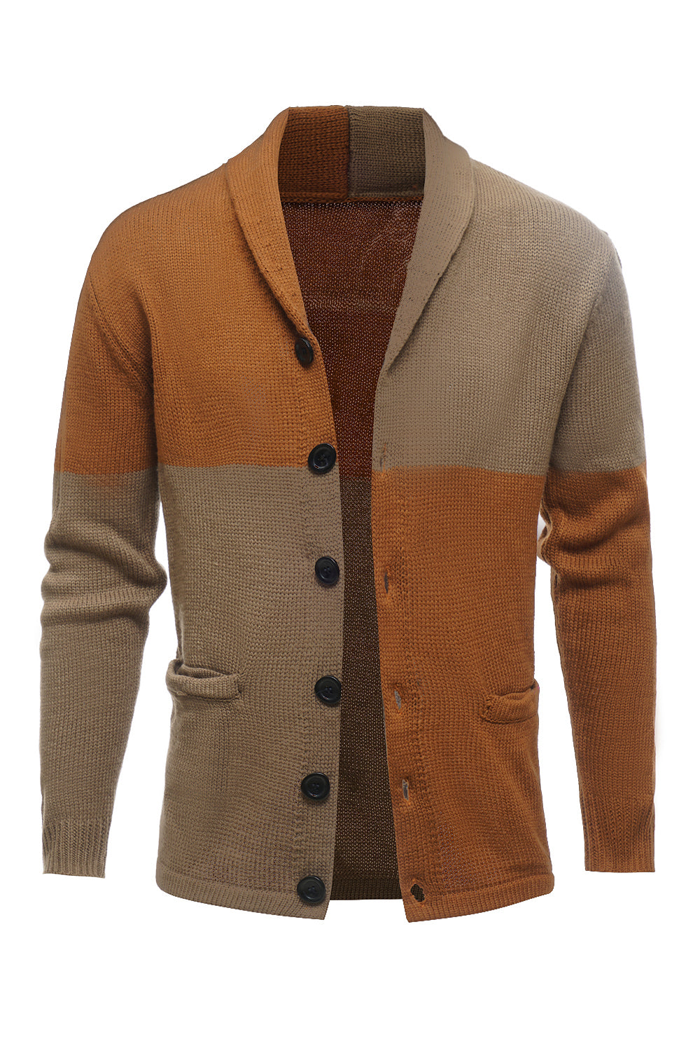 Patchwork marron Châle Col Manches Longues Homme Cardigan Pull