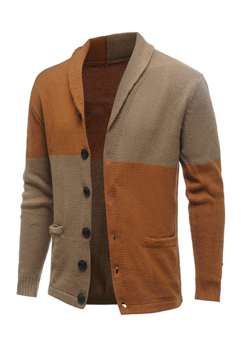 Patchwork marron Châle Col Manches Longues Homme Cardigan Pull