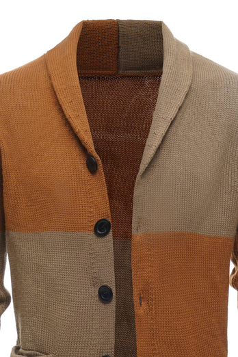 Patchwork marron Châle Col Manches Longues Homme Cardigan Pull