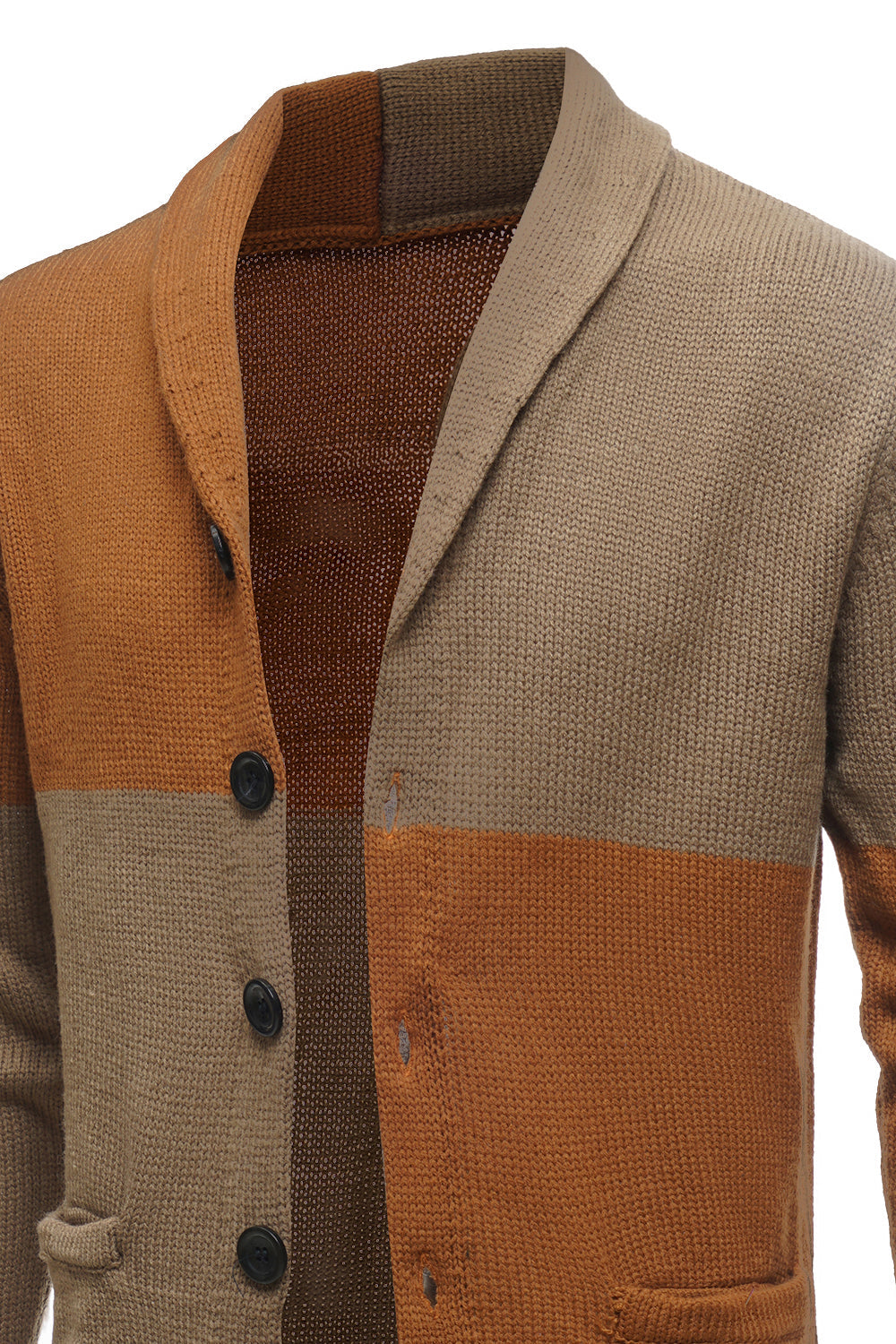 Patchwork marron Châle Col Manches Longues Homme Cardigan Pull