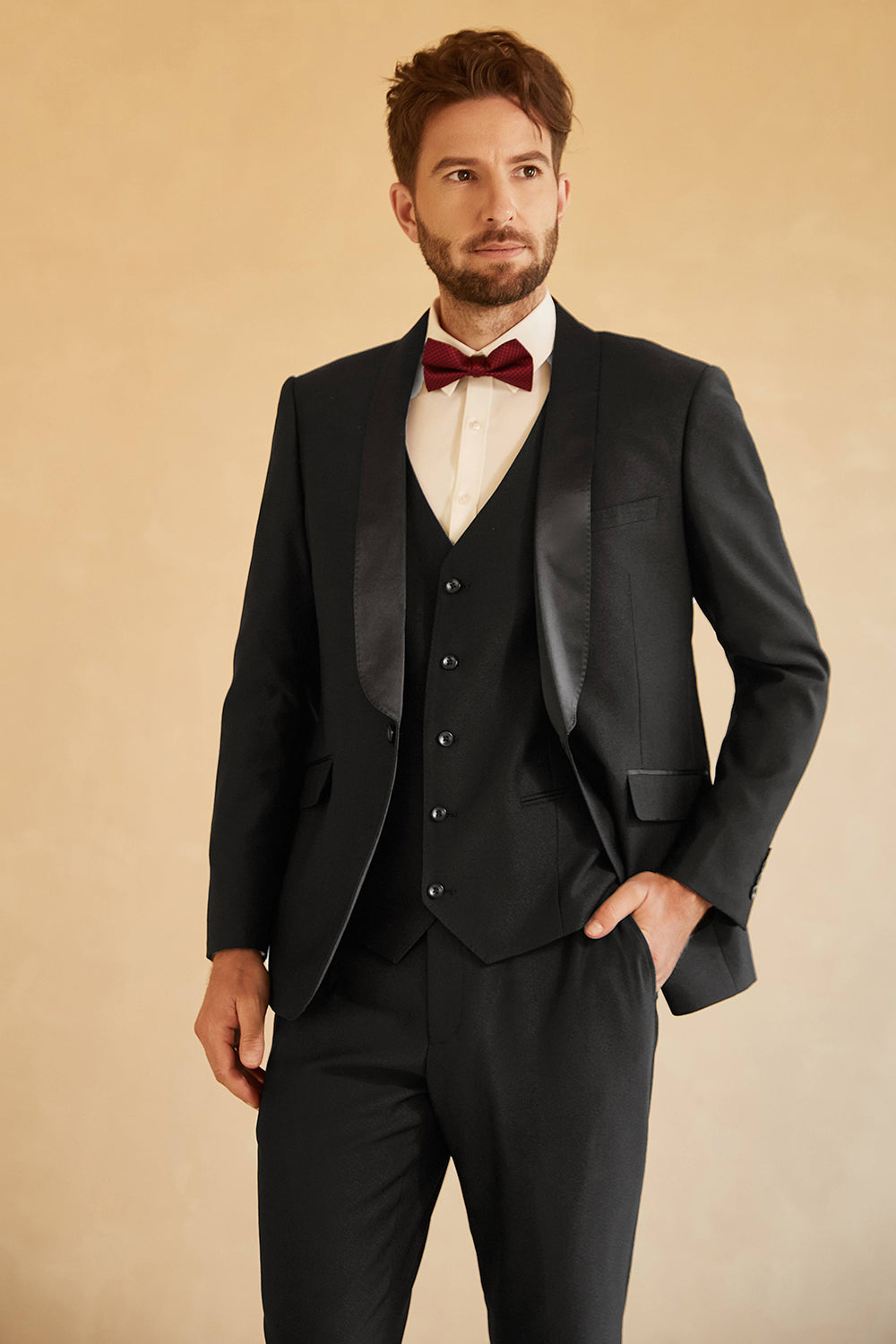Châle noir Revers à poitrine unique 3 pièces Costumes pour hommes