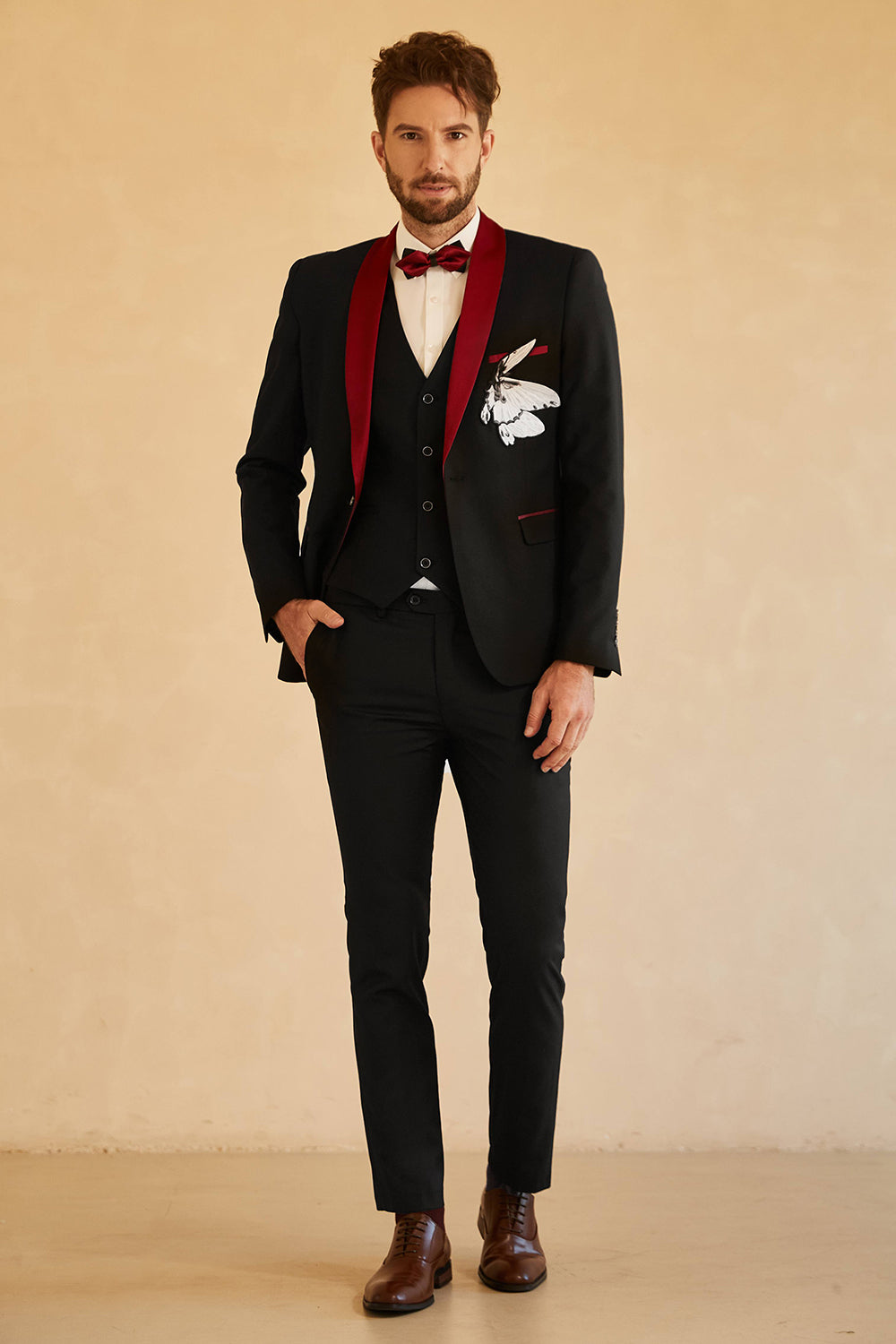 Costume de soirée homme noir rouge revers châle